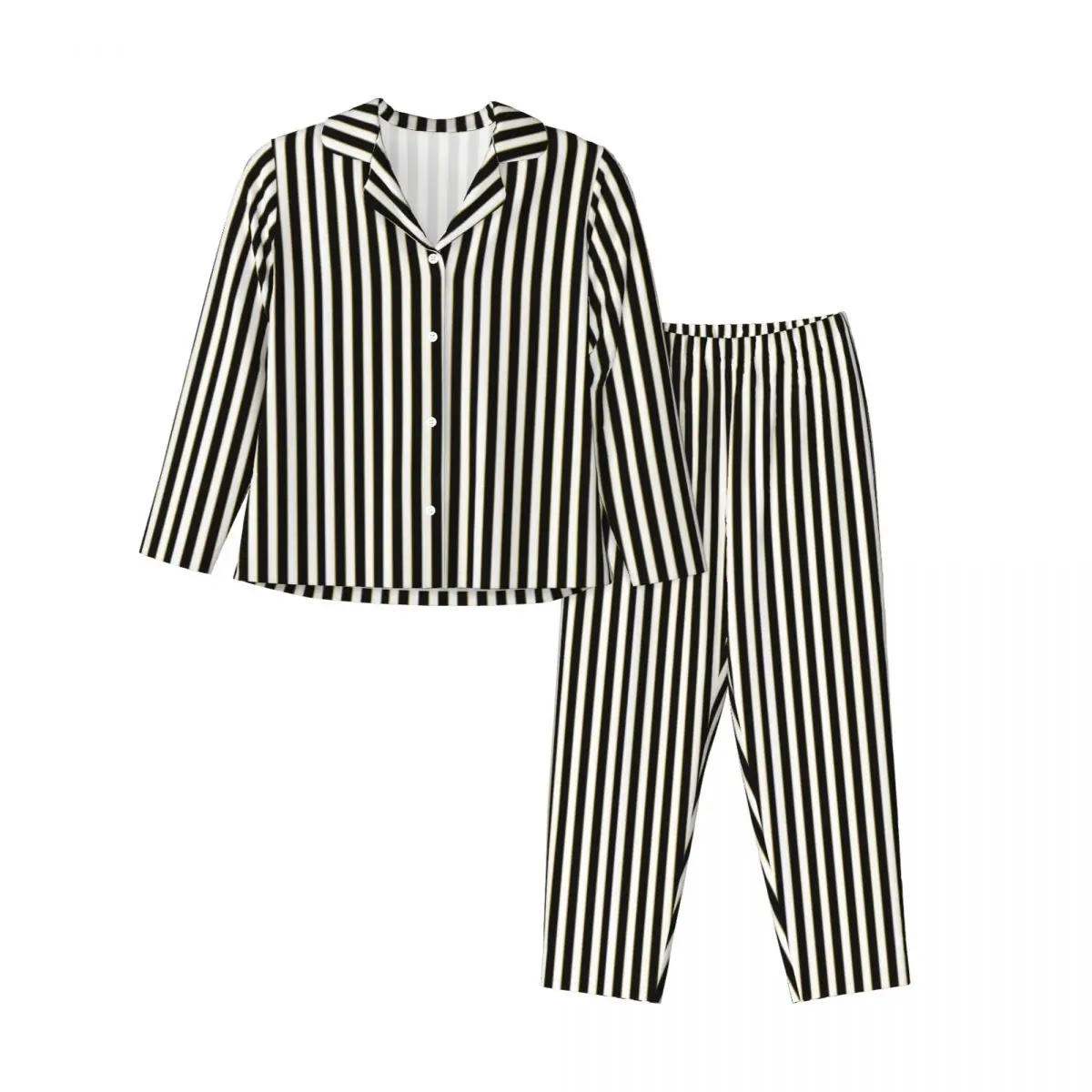 Pajamas Female Vertical Striped Bedroom Sleepwear Black White Lines Casual Pajama Set Long Sleeve Fashion Oversized Home Suit