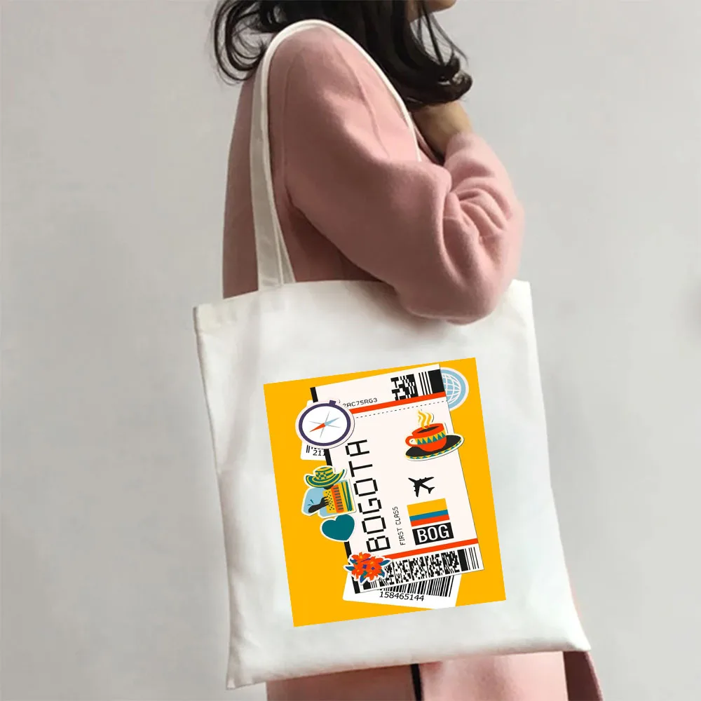 Cute Sydney Amsterdam Barcelona Air Plane Ticket Boarding Pass Canvas Shoulder Bag Harajuku Handbag Tote Eco Cotton Shopping Bag