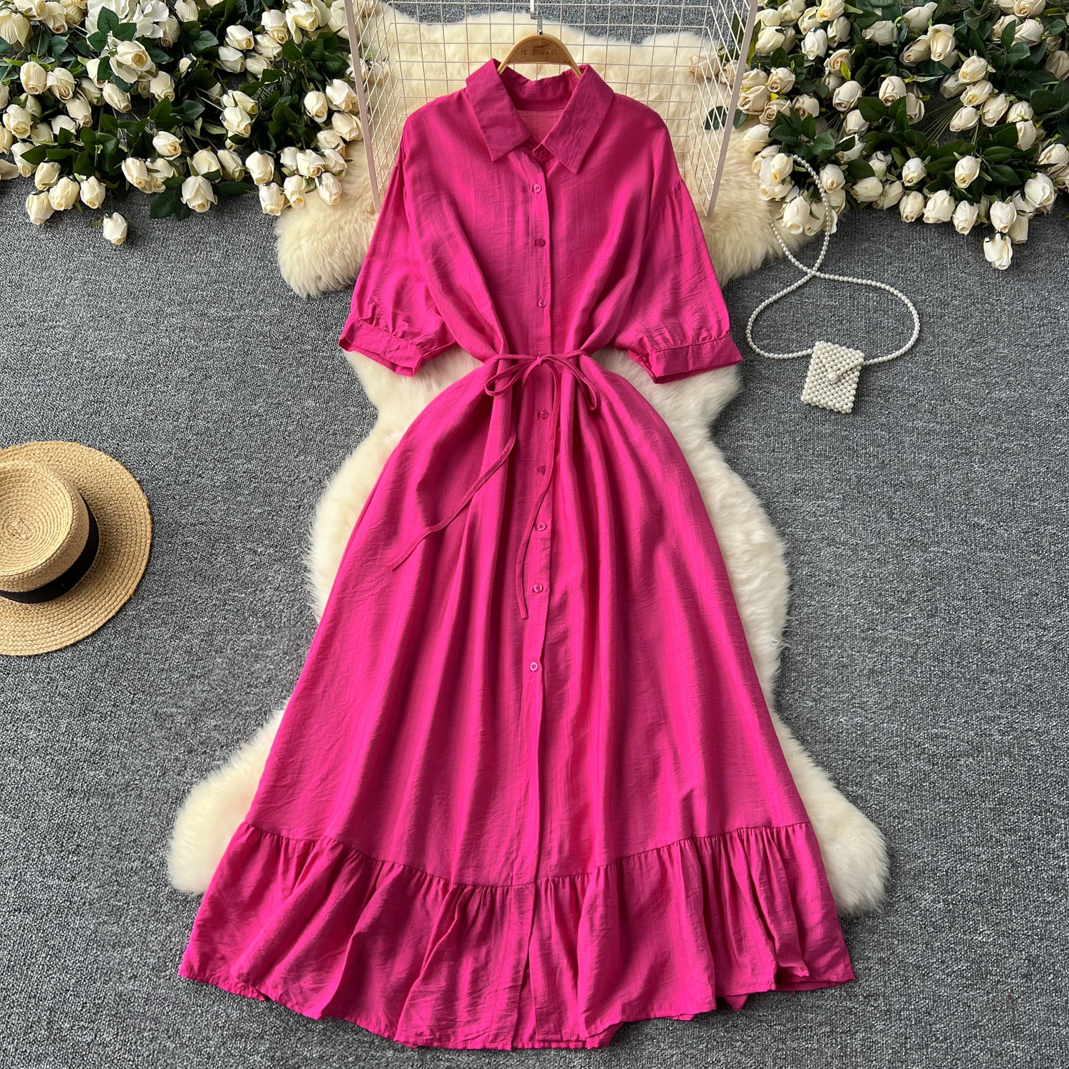 

Sexy Chic polo-Neck Single Breasted ruffle Dress Elegant Korean Fashion Slim Summer vintage sweet dresses