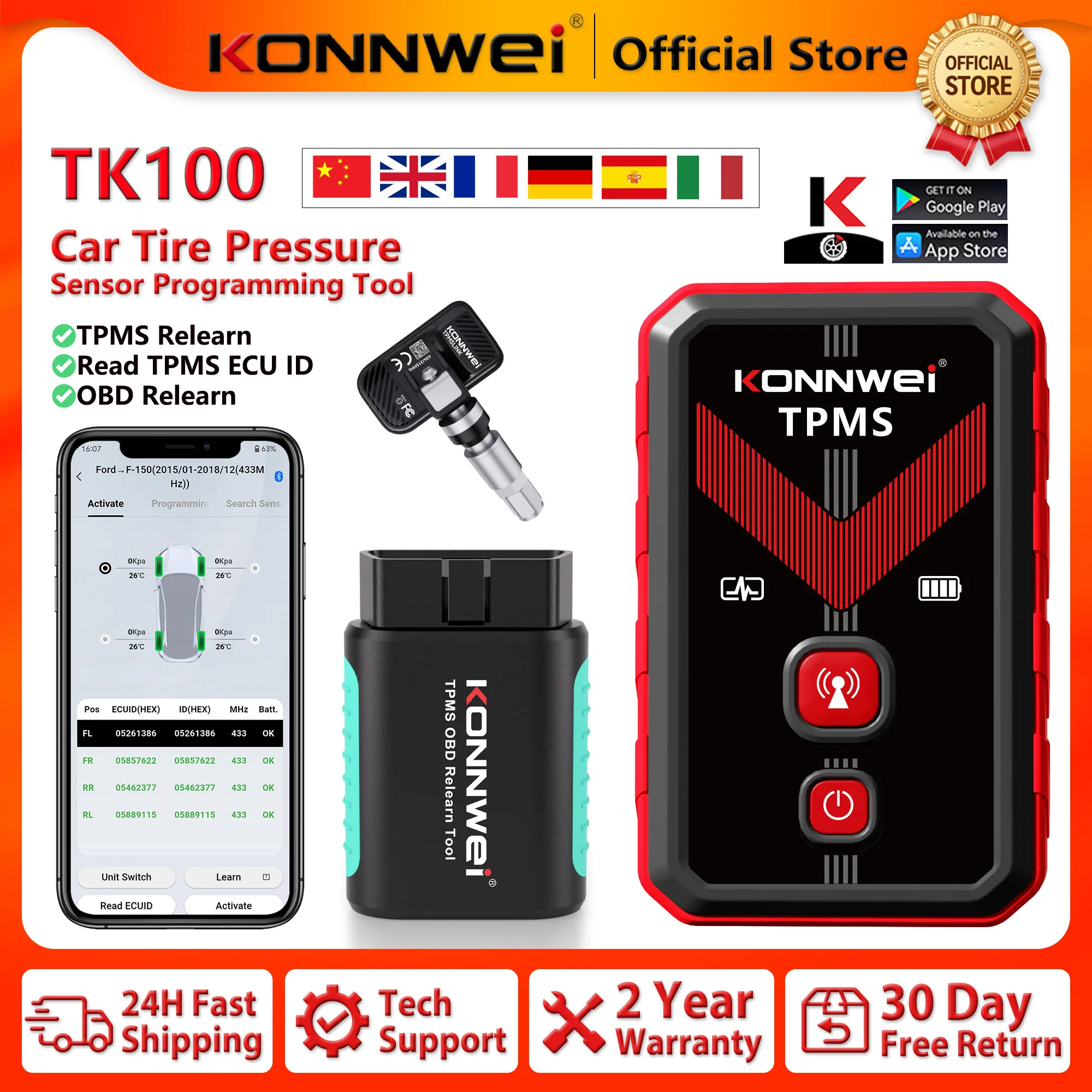 2026 KONNWEI TK100 TPMS Programming Tool Car Tire Pressure Sensors Activate OBD Relearn Tool 433MHz 315MHz Read TPMS ECU ID Tool