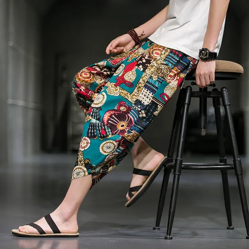 Men's Chinese Style Ethnic Print Cropped Pants Loose Fit Linen Cotton Harem Pants Wide Leg Baggy Trousers