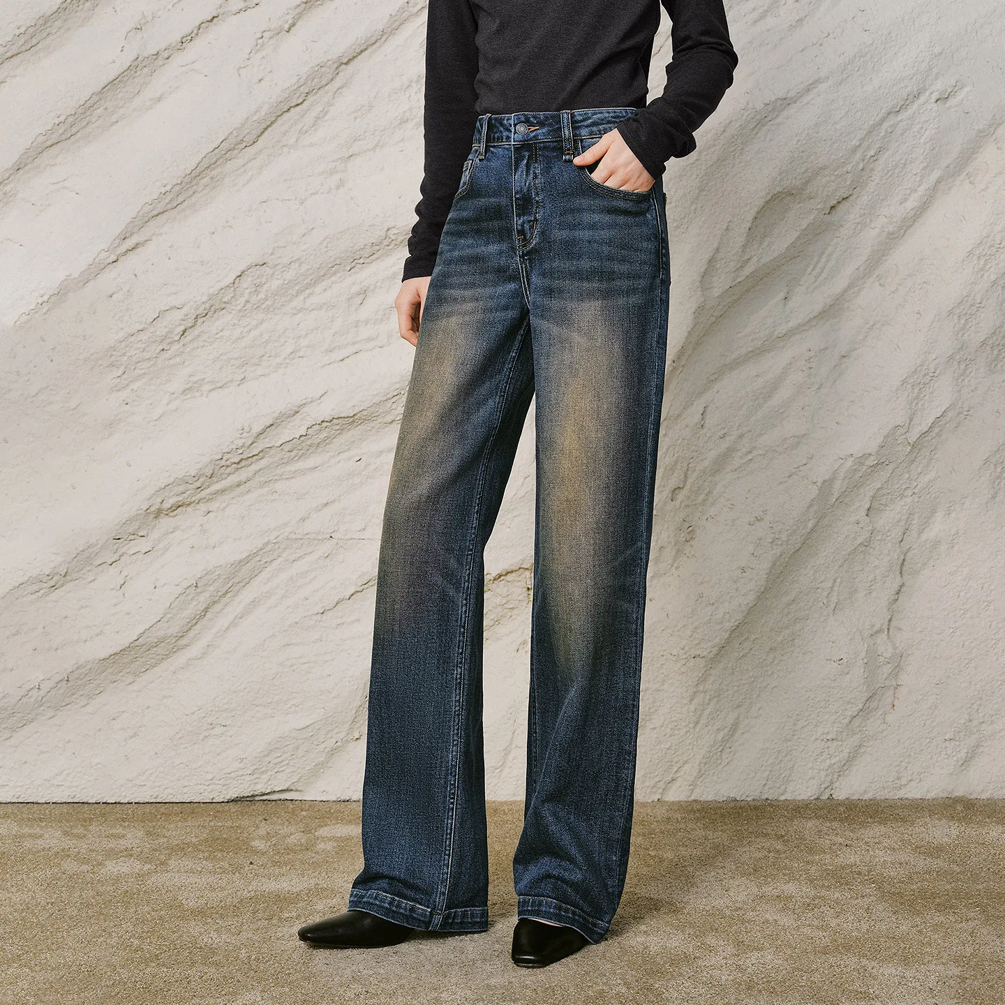 TOYOUTH Women Jeans 2026 Winter New Black Label Lycra Stretch Vintage Overdyed Stonewash Straight Leg Pants