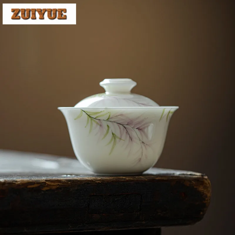 

120ml Hand-painted Wisteria Flower Gaiwan Handmade White Porcelain Tea Tureen Tea Maker Cover Bowl Gongfu Tea Items Decoration