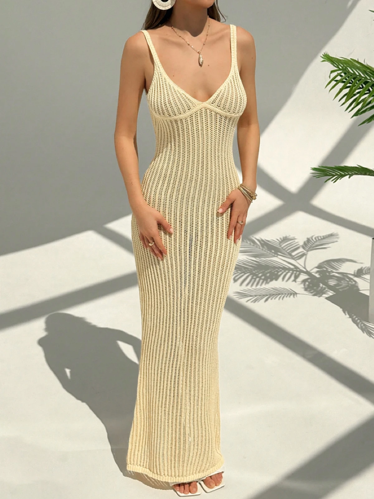 Elegante abito sottoveste lavorato a maglia senza schienale, copricostume sexy scavato, perfetto per le vacanze al mare in piscina, stile aderente