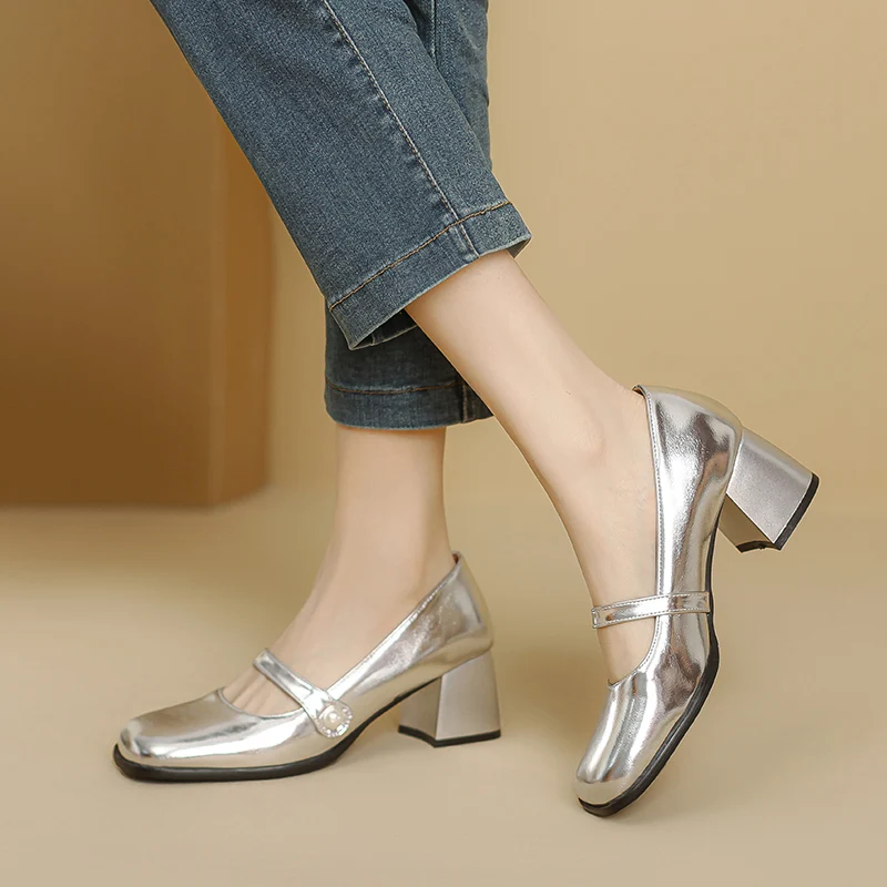 Silver Thick Heels Mary Jane Shoes Women 2024 Buckle Strap Square Toe Pumps Woman High Heele Patent Leather Shoes Female 33-46