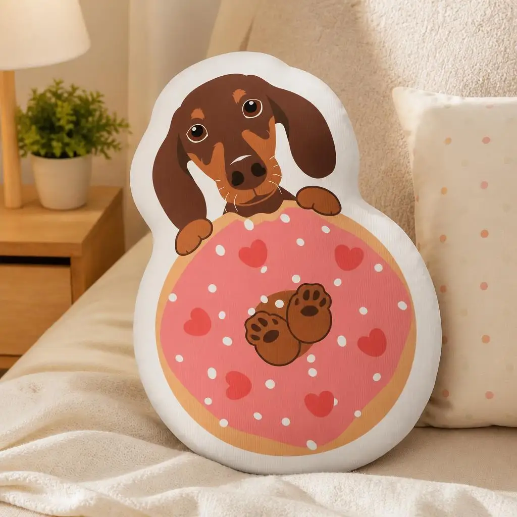 Cojín decorativo con forma de dona y diseño de perro teckel, relleno, con forma irregular y corazones rosas, ideal para decorar la cama o el hogar, un regalo para los amantes de los perros.