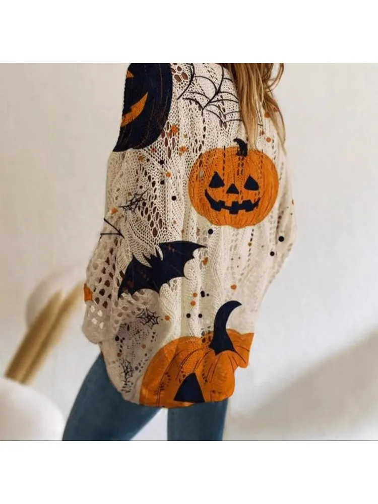 2026 Christmas Pumpkin Bat Halloween Print Long Sleeve Women's Casual Shirts Leisure Loose Mesh Hollow Out Pullovers Sweater