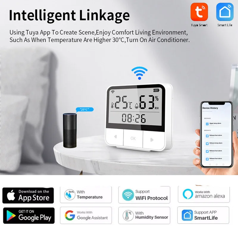 

Tuya Intelligent Wifi Wireless Sensor Digital Indoor Hygrometer Thermometer APP Monitor Smart Linkage Long Battery LCD Display