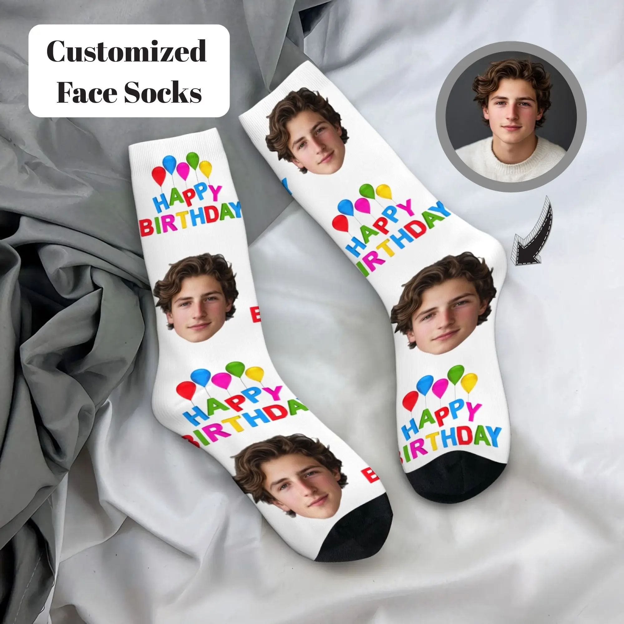 Custom Personalized Facial Photo Socks Colorful Birthday Balloon Print Socks Unique Memory Birthday Gift To Best Friends