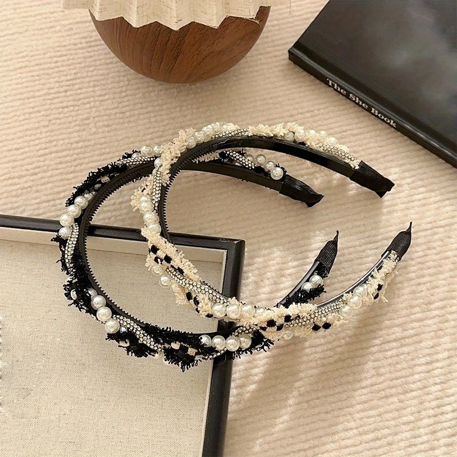 Pearl Rhinestone Winding Headband Twist Hairband, Hoop de cabelo elegante de alta classe, acessórios coreanos para mulheres e meninas