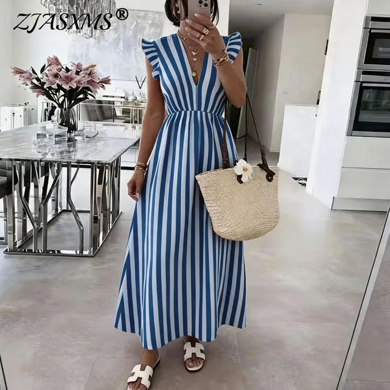 

Elegant Vertical Stripe Ruffle Sleeve Dresses Womens Deep V Neck Trim High Waist A‑Line Dress Casual Summer Vacation Long Dress