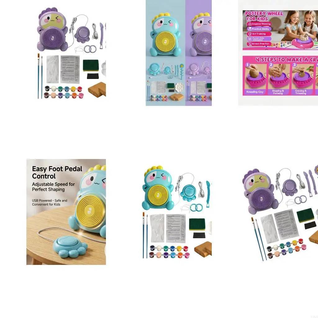 Foot-Controlled Electric Pottery Wheel Craft Set for Kids with Naturally Drying Clay, 12 Color Paint, and Corded Operation Y5GB