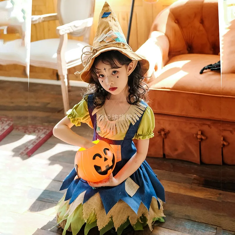 Halloween Costumes Children Pumpkin Cosplay Magic Scarecrow Pastoral Dressing Anime Girl Disfraz Multi Piece Set