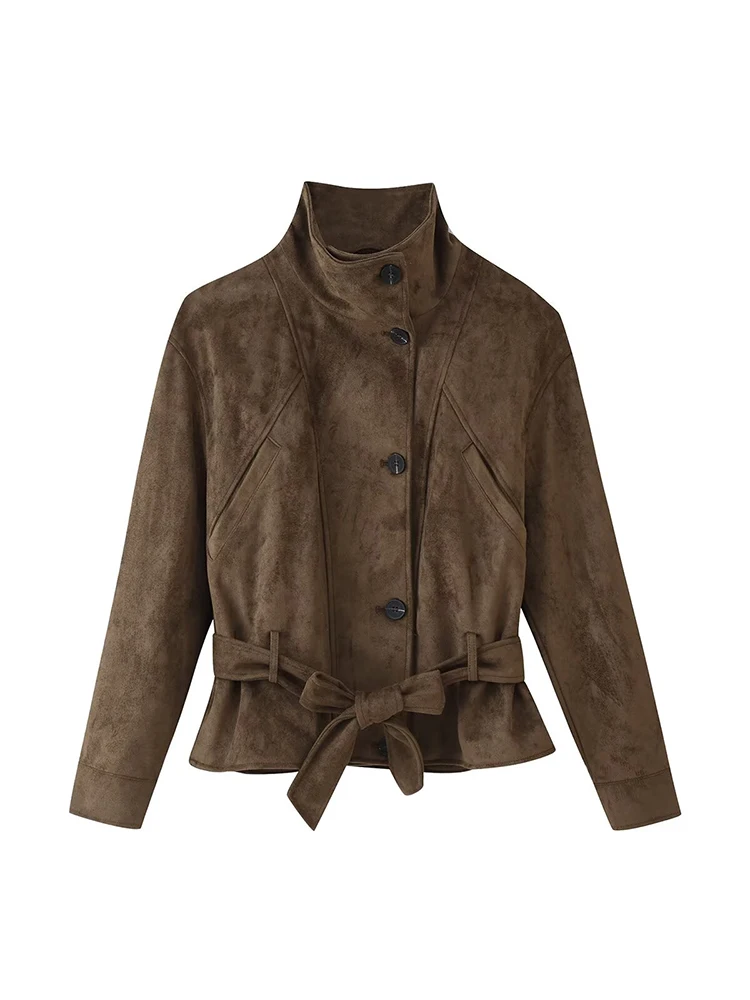 New Women's Belt Suede Short Jacket Elegant Stand Collar Long Sleeve Single Breasted Fashion Coat Autumn Winter Lace Up Jackets 2