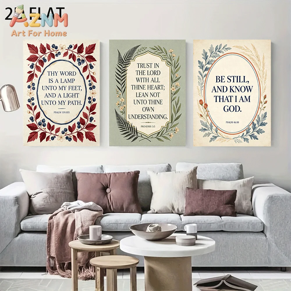 AZNM Frameless Canvas Wall Art, Bible Verse Quote Print, Vintage Floral Wreath Scripture Text Art Poster, Religious Faith Wall D