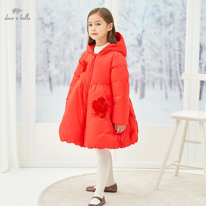 Dave Bella Winter Baby Girl Hoodie Girls Solid Color Medium Length Down Jacket Simple Children\'s Coat DBK4226012