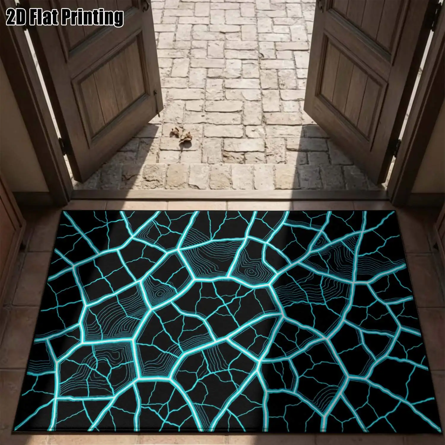 1Pc 2D Printed Lake Blue Cracked Geometric Carpet: Modern Minimalist Instagram Style, Machine Washable, Multi-Size, Ideal for Home Decor, Door Mats, Dining, Foyer, Study, Living Room & Bedroom Floors