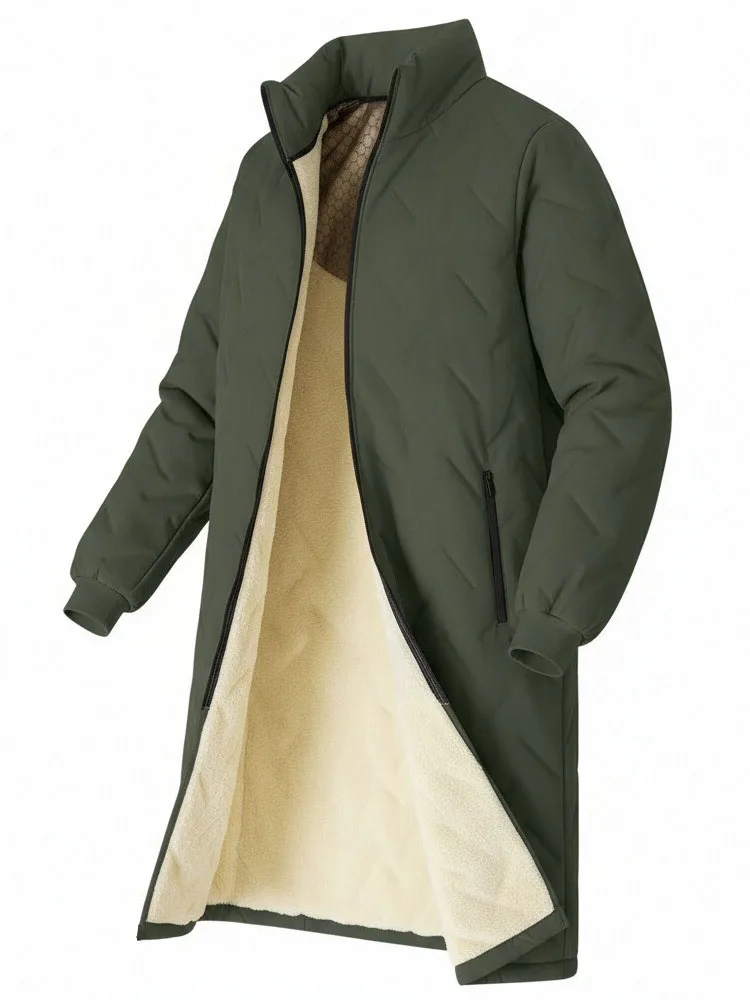 Mid-Length Winter Jacket Man Warm Long Coat Casual Quilted Padded Jackets Solid Color Outdoor Parkas Fleece Lined Thick Outwear