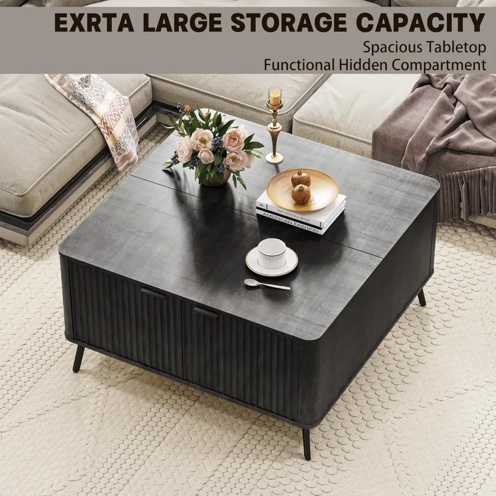 Lift Top Coffee Tables, 35.4" Square Coffee Tables with Storage, Modern Fluted Center Table with Hidden Storage Compartment