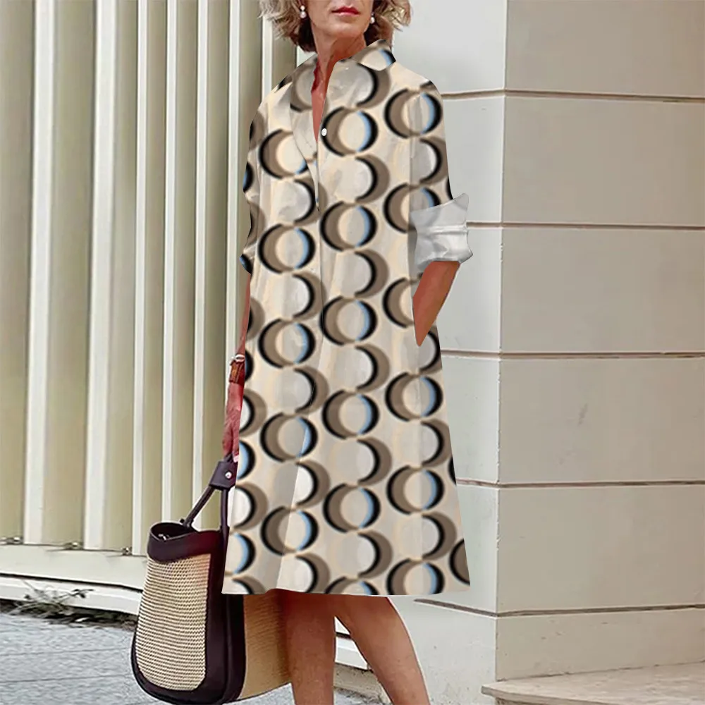 

Women's Dress Summer New Vector Print Long-Sleeved Shirt Dress Daily Commute Slim Elegant Beautiful Fabric Soft And Comfortable