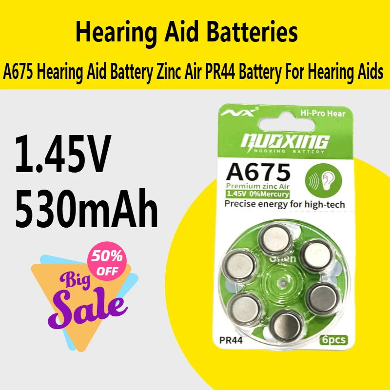 

1.45V 530mAh Hearing Aid Batteries A675 Hearing Aid Battery Zinc Air PR44 Battery For Hearing Aids