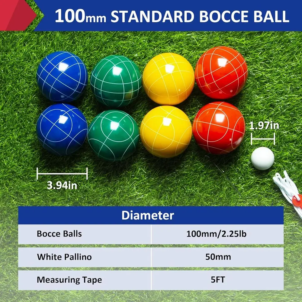 Zestaw do bocce ropoda 100 mm, rozmiar i waga oficjalne, z 8 kulami bocce z żywicy, pallino 50 mm, torba do przenoszenia, sznur pomiarowy, ba