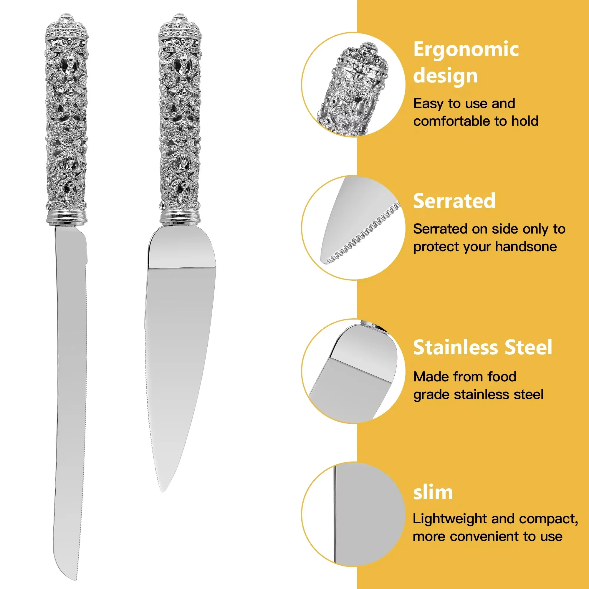 Wedding Cake Knife and Server Set - 2 Piece Dessert Set  Metal  Handle with Crystal Stones Decoration for Wedding, Anniversary P