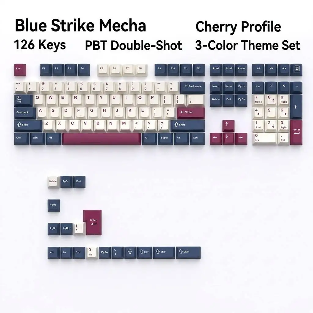 Blue Strike Mecha 126-Key Cherry Profile PBT Keycaps — Double-Shot Custom Set for Mechanical Keyboards