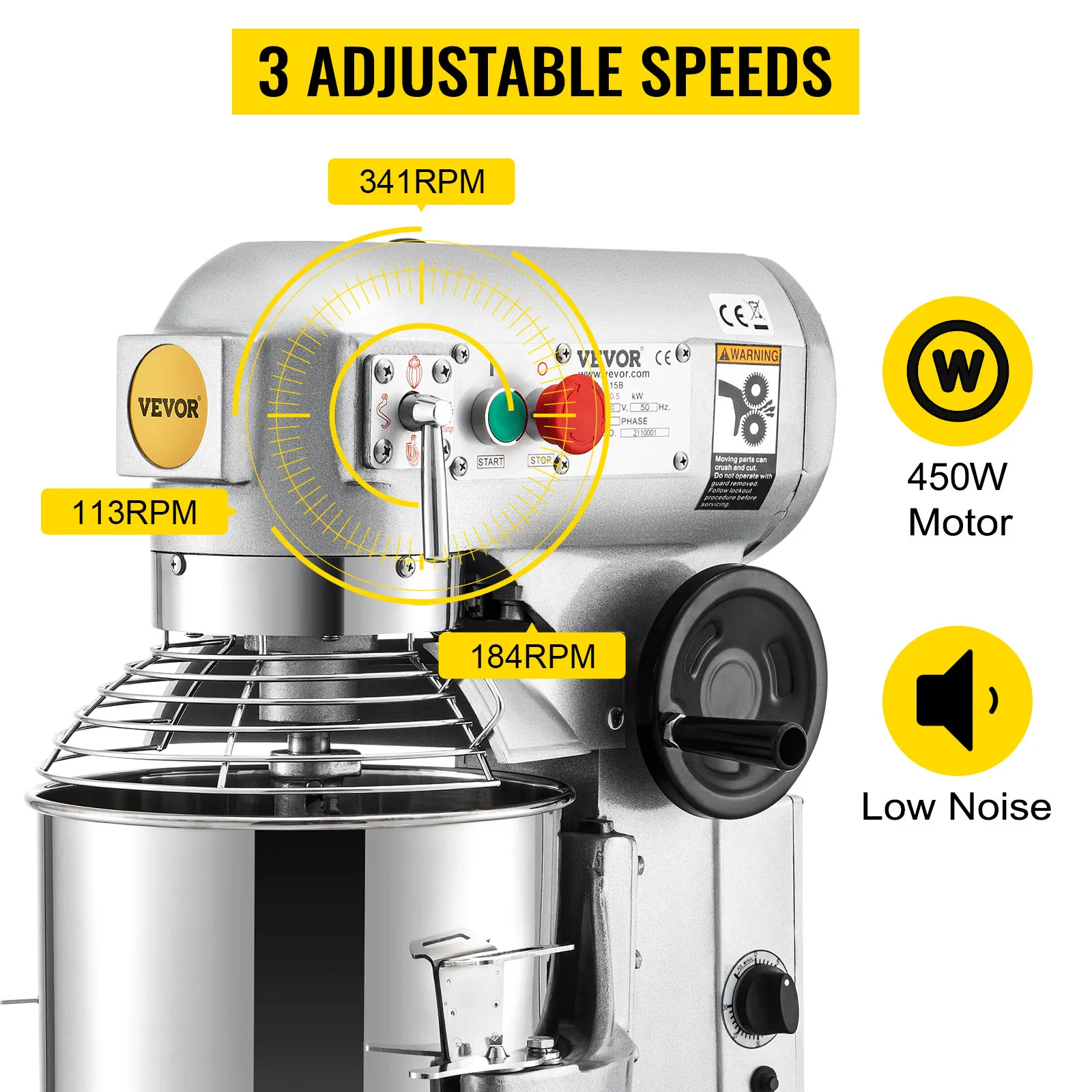 VEVOR تجاريّ كهربائيّ خلاط طعام حامل خلاط 10/15/20/30Qt عجّان 3 سرعات 450/500/750/1100 واط خلاط فولاذ مقاوم للصدأ