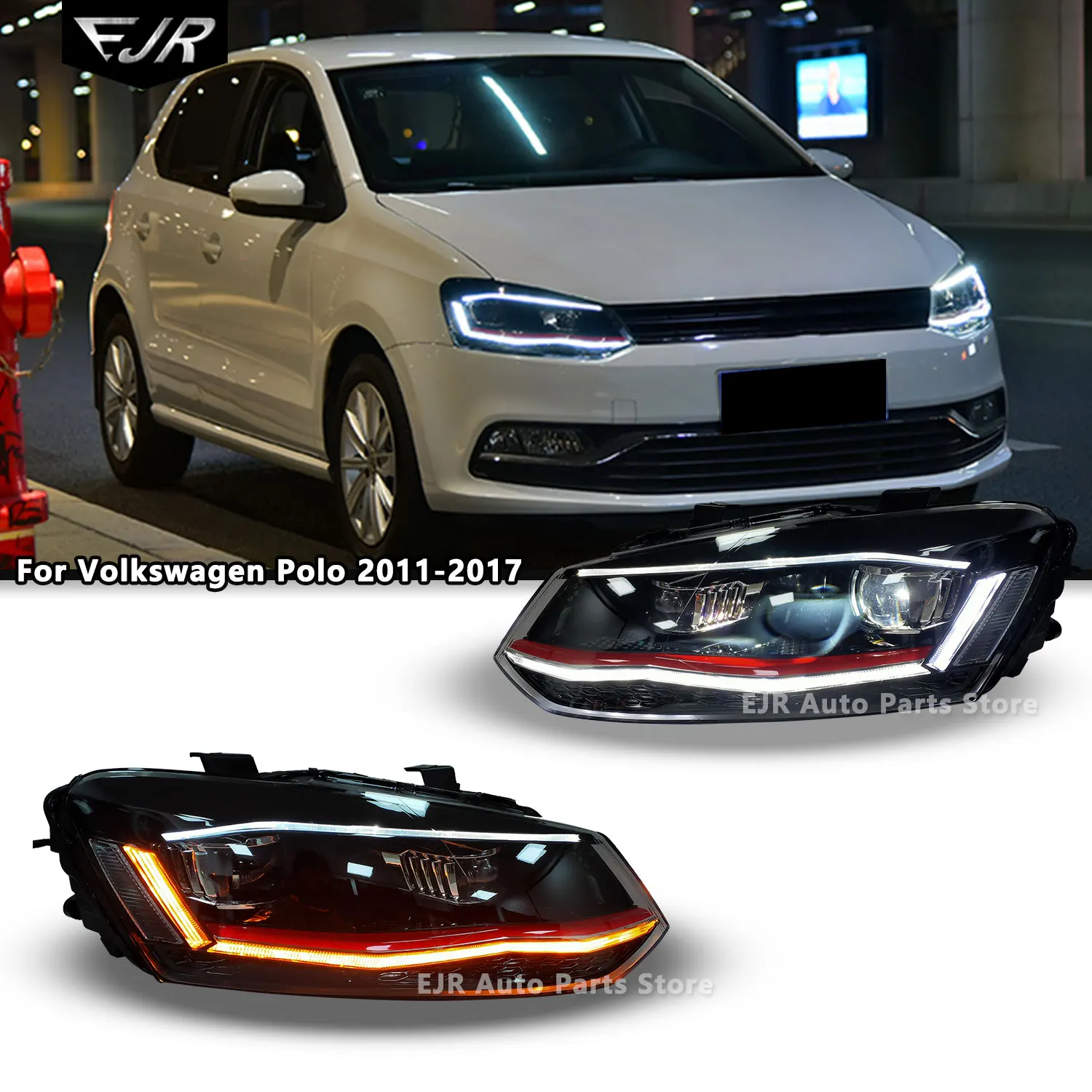 For Volkswagen Polo 2010-2017 Headlight Assemblies Flowing Turn Signal Dynamic Daytime Light Upgrade Refit Car Front Head Lamp