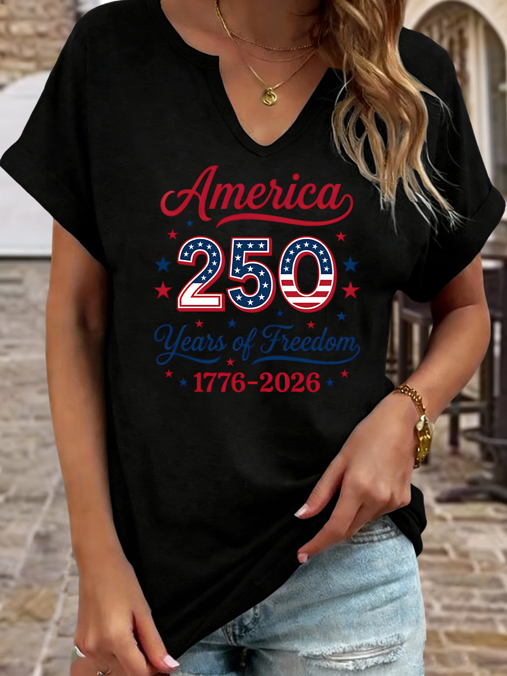 Women's Summer V-Neck Short Sleeve T-Shirt, 