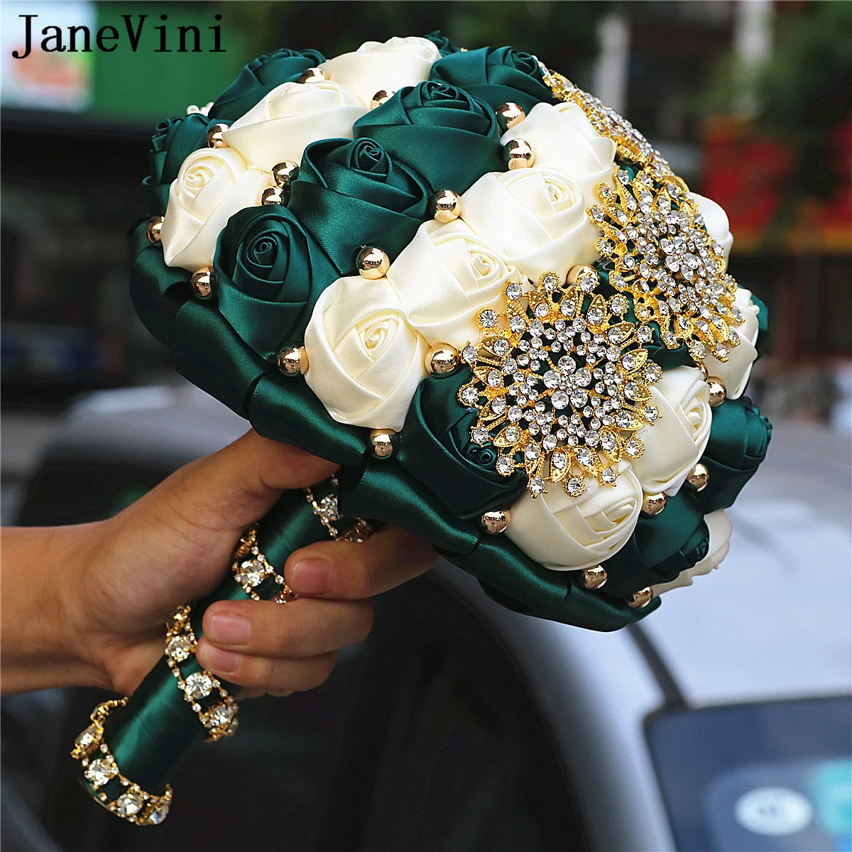 JaneVini Luxus Gold Kristall Braut Bouquet Blume Hochzeit Sage Grün Satin Funkelnden Strass Braut Hand Hochzeit Bouquet Neue