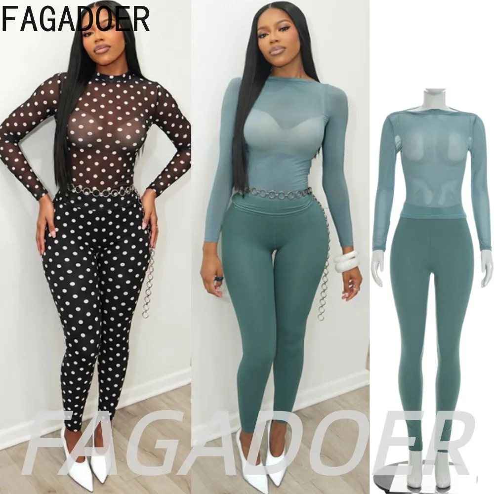 FAGADOER Sexy Mesh See Through Pants Two Piece Sets Women's Clothing Polka Dot Print Long Sleeved Top and Bodycon Pants Outfits