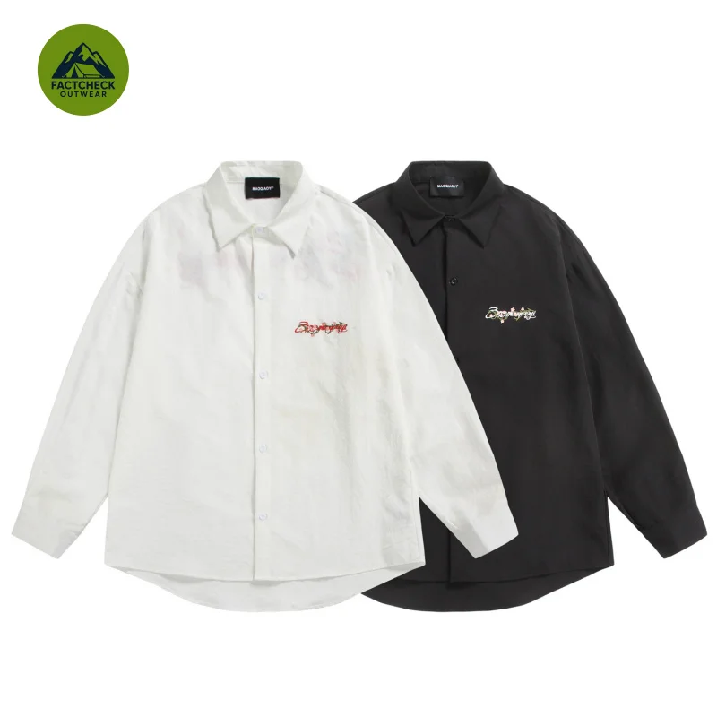 FACTCHECK Casual Long-Sleeved Shirt With Letter And Floral Embroidery Unisex Loose-Fit Travel Holiday Office Business Work Shirt