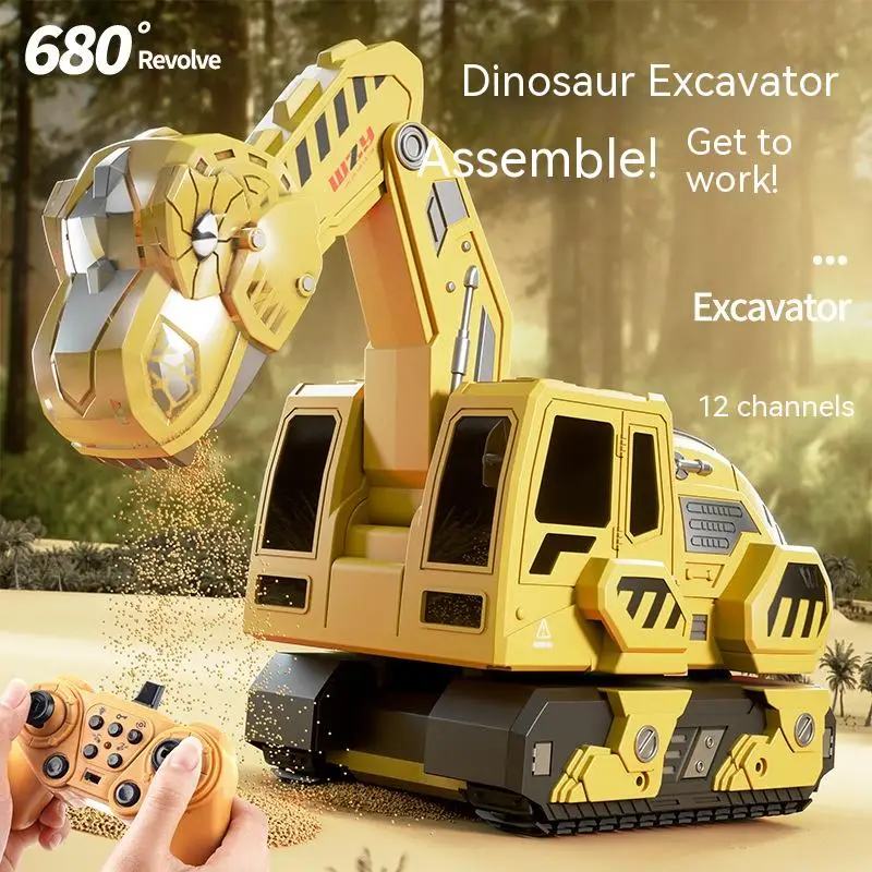 

2.4g 12 Ch Remote Control Alloy Simulation Sound Effect Dinosaur Digging Arm Excavator Engineering Rc Car Children's Toy Gifts