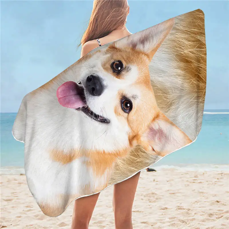 Puppy Bath Towel Bathroom 3D Dog Beach Towel for Adult Corgi Pug Dachshund Microfiber Quick Dry Sunblock Wrap Blanket Home Decor