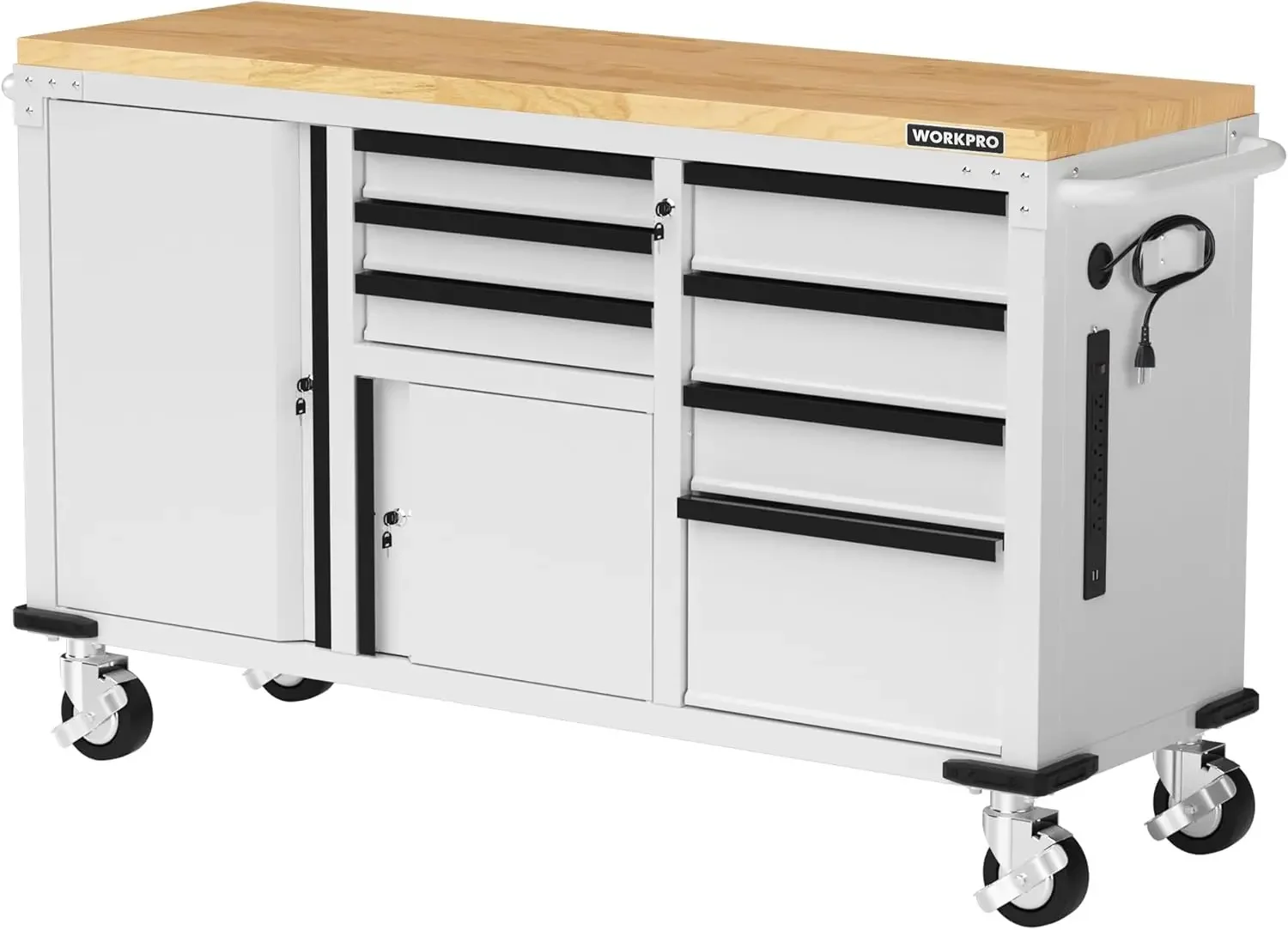 62" x 20" 7-Drawer & 2-Door Rolling Tool Chest, Mobile Tool Storage Cabinet with Power Strip, Locking System