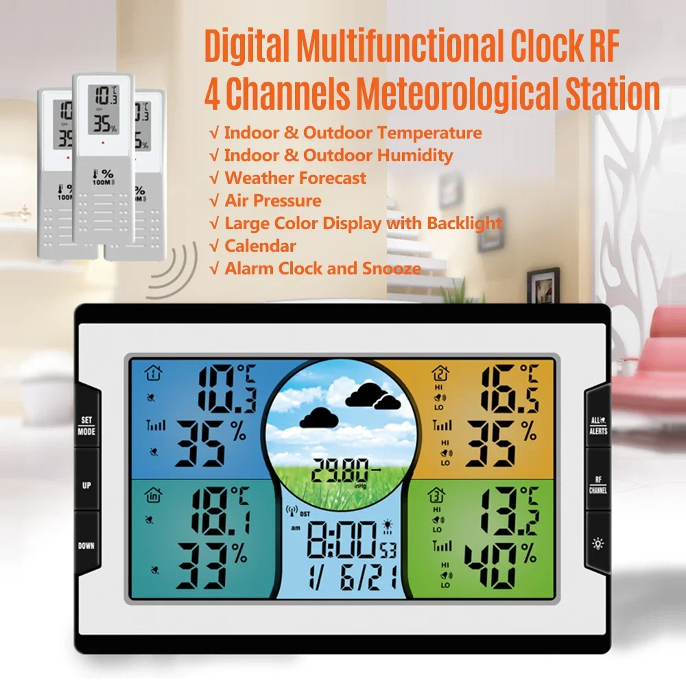 Digital Weather Station with 3 Remote Sensors 100m Indoor Outdoor Temperature Humidity Monitor Alarm Clock Thermohygrometer