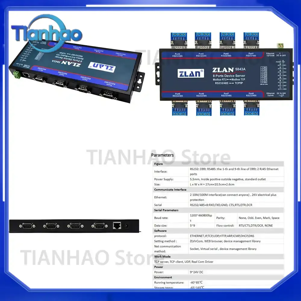 8 Port RS232 RS485 to Ethernet Converter ZLAN5843A Multiple Serial Device Server Switch Modbus Gateway for ZLAN5800 ZLAN5840