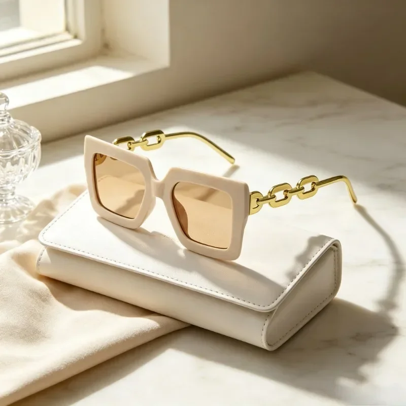 Thick-Frame Chain-Detail Sunglasses Set — product information 3