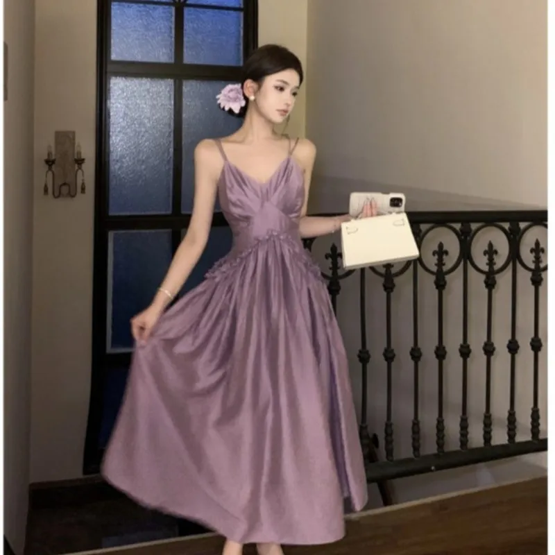 

Pleated wooden ear strap gentle purple waist skirt