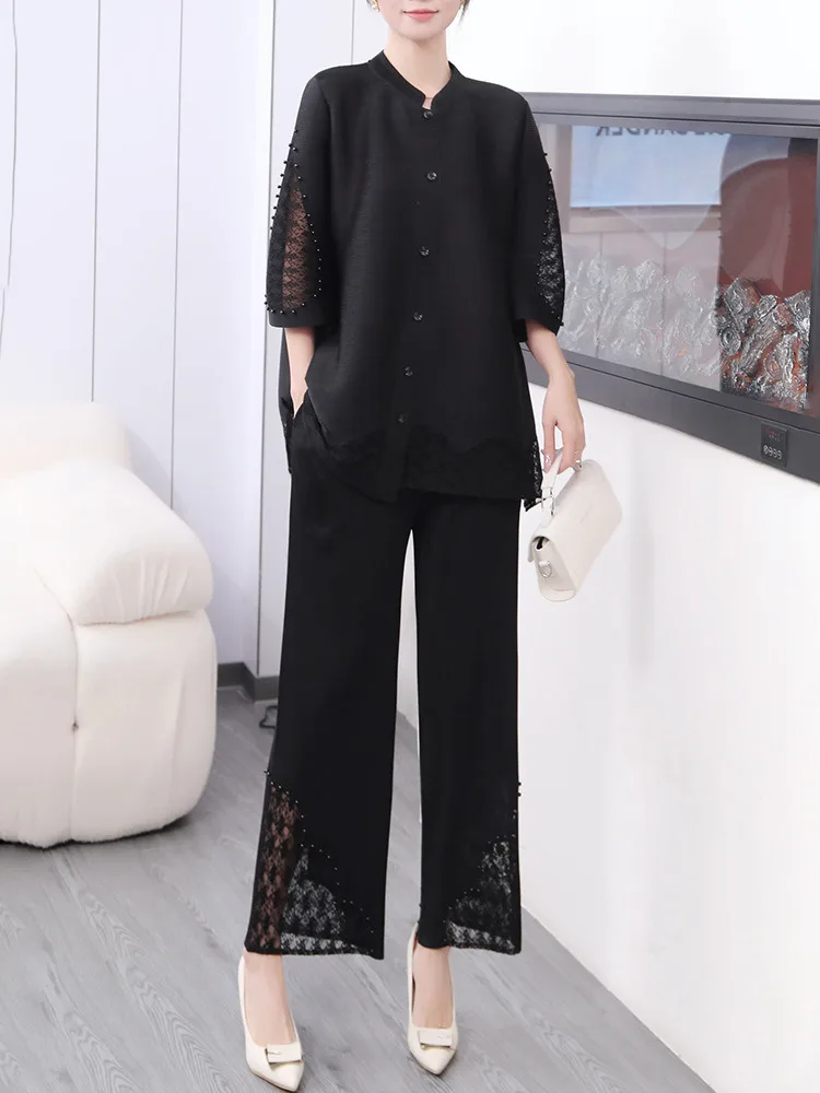 DEAT Pleated Two Piece Sets For Women 2024 Spring Long Sleeve Stand Collar Tops Patchwork Beading Wide Leg Pants Female 15KB6180