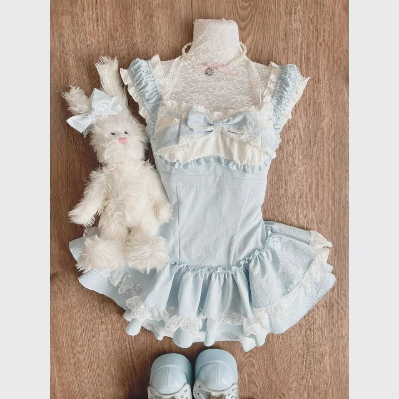 

New Sweet Girly Cute Bow Contrasting Color Bow Age-reducing Lace Waist Sleeveless Cake Dress Latex Tangas Mujer Sexis Puta Sin