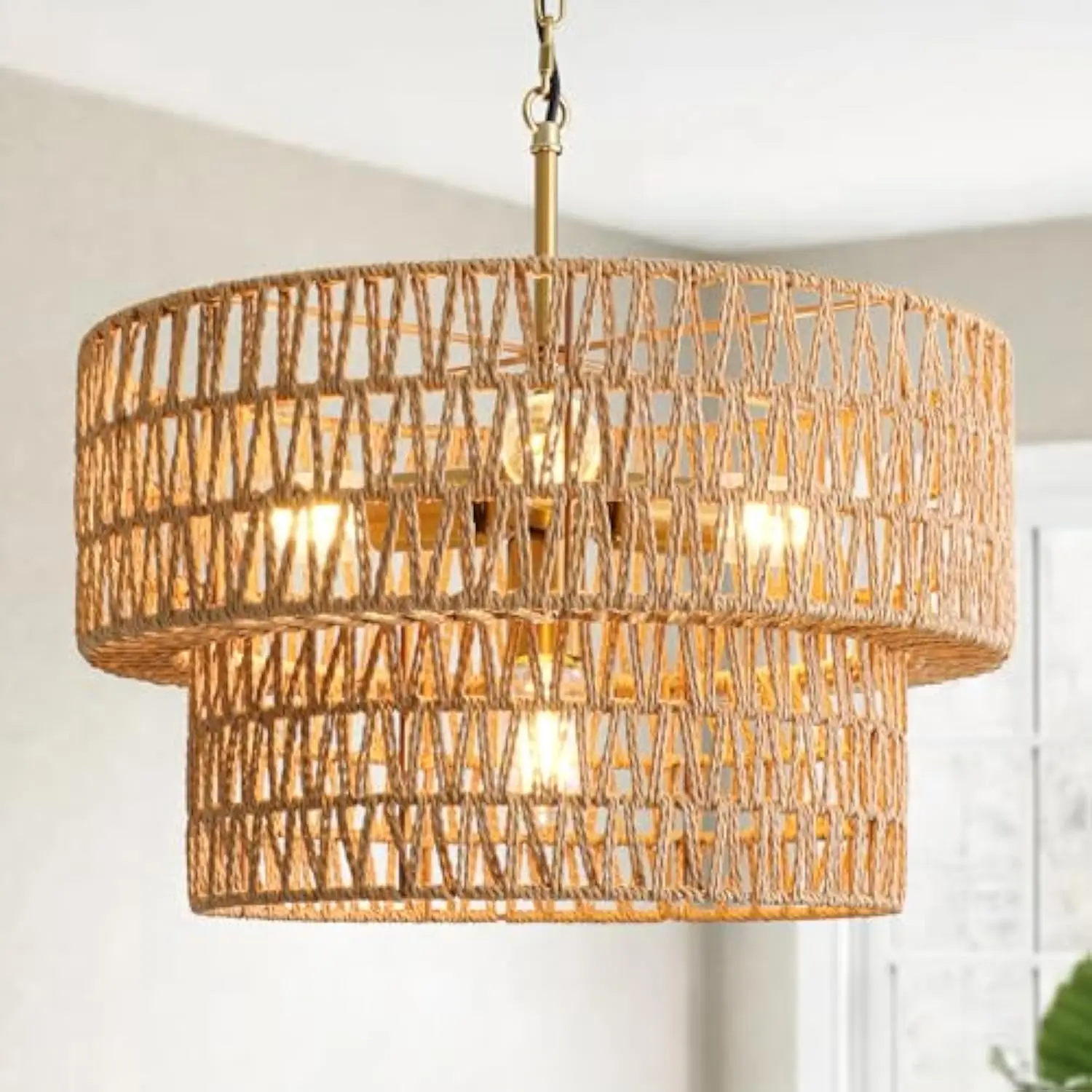 

17.8 Boho Rattan Chandelier Light Fixtures, 4-Light Rattan Pendant Light with 2-Tier Wicker Shade, Farmhouse Hanging Light Fixt
