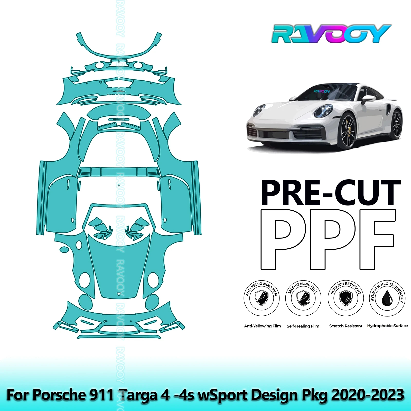 

8.5Mil Precut PPF Paint Protection Film Full Vehicle Clear Bra For Porsche 911 Targa 4 -4s wSport Design Pkg 2020-2023