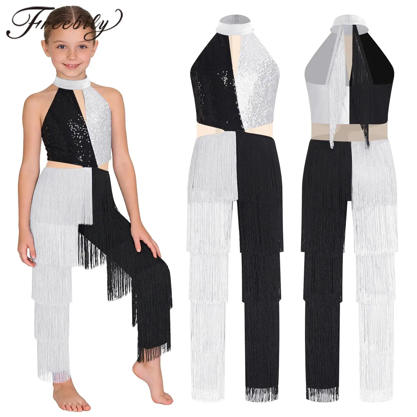 Girls Sequin Tassel Latin Dance Halter Jumpsuit Disco Costume Sleeveless Bodysuit Childs Party Romper Kids Performance Dancewear