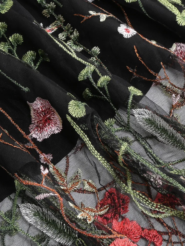 Tonval Floral Embroidered Mesh Overlay Lined Long Skirt Elastic Waist Women Elegant Festival Outfit Summer Vintage Skirts