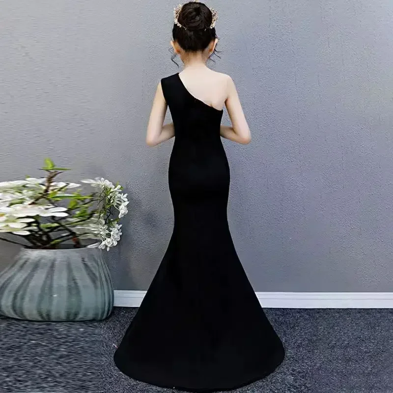 Flower Girl Dresses For Weddings Kids Black One Shoulder Sexy Side Slit Girls Party Dress 3 To 15 Years Communion Dress Girl