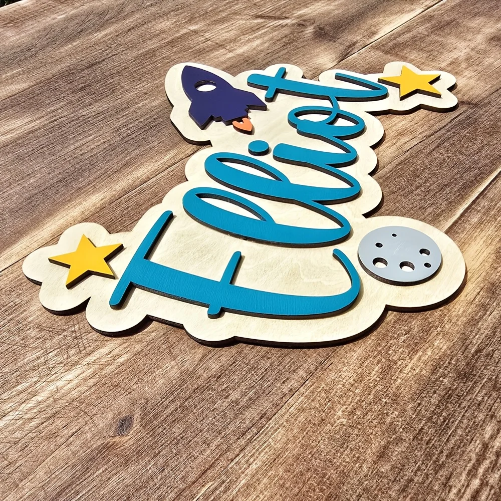 Personalized Space-Themed Room Sign - Customizable Name with Green Letters and Blue Rocket, Wooden Easy-to-Install Door Hanging image 2