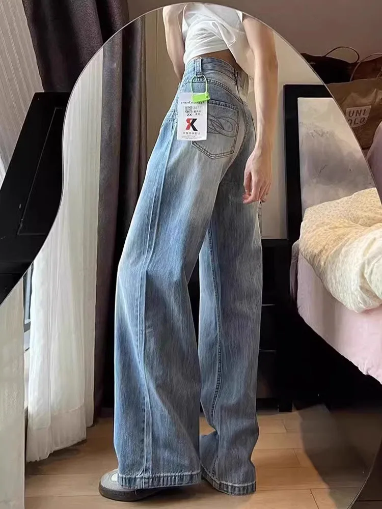 

Широкие джинсы с высокой талией, женские осенние новые большие размеры, толстые мм, с вышивкой, прямые свободные утягивающие длинные брюки